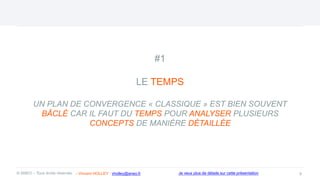 #1
LE TEMPS
UN PLAN DE CONVERGENCE « CLASSIQUE » EST BIEN SOUVENT
BÂCLÉ CAR IL FAUT DU TEMPS POUR ANALYSER PLUSIEURS
CONCEPTS DE MANIÈRE DÉTAILLÉE
9
© ANEO – Tous droits réservés Je veux plus de détails sur cette présentation
- Vincent HOLLEY : vholley@aneo.fr
 