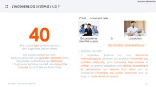© ANEO – Tous droits réservés 26
L’INGÉNIERIE DES SYSTÈMES (1/2) ?
QUELQUES DÉFINITIONS
40Ans, c’est l'âge de la « science »
de l’ingénierie des systèmes
Les avions volaient avant !
Mais on observait une grande variabilité dans
les projets qui était liée aux Hommes.
L’Ingénierie Système permet une approche
robuste (quand elle est bien faite)
Du problème
(identifié ou pas)
La solutionà
de manière non hasardeuse !
C’est … comment aller…
• Définition de l’AFIS :
L’ Ingénierie Système est une démarche
méthodologique générale qui englobe l’ensemble des
activités adéquates pour concevoir, faire évoluer et
vérifier un système apportant une solution économique
et performante aux besoins d’un client tout en
satisfaisant l’ensemble des parties prenantes tout au
long du cycle de vie du produit.
 
