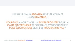 MONSIEUR MALIN REGARDA LEURS TRAVAUX ET
LEUR DEMANDA :
POURQUOI AVOIR CHOISI UN BOITIER TROP PETIT POUR LA
CARTE ÉLECTRONIQUE ET POURQUOI AVOIR CHOISI UNE
PUCE ÉLECTRONIQUE QUI NE SE PROGRAMME PAS ?
9© ANEO – Tous droits réservés Je veux plus de détails sur cette présentation- Vincent HOLLEY : vholley@aneo.fr
 