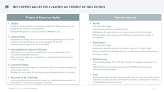 © ANEO – Tous droits réservés 6
DES EXPERTS AGILES POLYVALENTS AU SERVICE DE NOS CLIENTS
• Thales
Projet de restructuration du système de billetterie électronique pour les
transports en commun au Danemark
Management projet en Agile (SCRUM / KANBAN / XP).
• Géoservices
Réalisation au forfait en 8 mois d’une solution logicielle pour le suivi et
l’analyse de la performance du forage de puits de pétrole.
Premiers pas en agile pour l’IT et le métier.
• Intermédiaire Financier Parisien
Réalisation en 7 mois d’une plateforme cloud de négociation inter-
bancaire de produits financiers.
Découverte de l’agile par la société où le client pilote les fonctions en
Product Owner.
• Gaumont Pathé
Réalisations en forfait agile d’un site Web B2B et du système complet de
gestion des cinémas.
Pilotage en mode agile de ces deux projets stratégiques par la direction.
• Assistance et Coaching
Apports réguliers de conseils techniques ou organisationnels auprès de
nos clients en assurance, banque et industrie.
Projets et Expertise Agiles
• AVIVA
Transformation Agile.
Coaching de projets et activités de Run
Mobilisation de relais internes et mise en place d’un Centre Agile
Réorganisation des équipes avec différents contributeurs métiers et
fonctionnels
• EURONEXT
Transformation Agile
Mobilisation de relais internes et mise en place d’un Centre Agile
Mise en place d’une stratégie DevOps et intégration continue transverse
Coaching projets
• BNP Paribas
Transformation agile de la DSI des marchés de capitaux actions en 2,5
ans.
Déploiements par vagues de pratiques SCRUM dans des équipes
internationales disparates.
• AXA
Appropriation des pratiques projets agiles dans le projet de transformation
agile d'Axa France services. Animation de cercles, amélioration continue
et capitalisation des savoir-faire.
Transformations
 