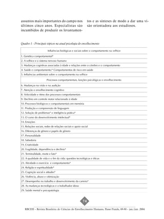 assuntos mais importantes do campo nos                        tos e as sínteses de modo a dar uma vi-
últimos cinco anos. Especialistas são                         são orientadora aos estudiosos.
incumbidos de produzir os levantamen-


Quadro 1 - Principais tópicos na atual psicologia do envelhecimento

                        Influências biológicas e sociais sobre o comportamento na velhice

1. Genética comportamental*
2. A velhice e o sistema nervoso humano
3. Mudanças cognitivas associadas à idade e relações entre o cérebro e o comportamento
4. Saúde e comportamento;* Comportamentos de risco em saúde
5. Influências ambientais sobre o comportamento na velhice

                        Processos comportamentais, funções psicológicas e envelhecimento

6. Mudanças na visão e na audição
7. Atenção e envelhecimento cognitivo
8. Velocidade e ritmo dos processos comportamentais
9. Declínio em controle motor relacionado à idade
10. Processos biológicos e comportamentais em memória
11. Produção e compreensão de linguagem
12. Solução de problemas* e inteligência prática*
13. O curso do desenvolvimento intelectual*
14. Emoções
15. Relações sociais, redes de relações sociais e apoio social
16. Diferenças de gênero e papéis de gênero
17. Personalidade
18. Sabedoria
19. Criatividade
20. Fragilidade, dependência e declínio*
21. Terminalidade, morte e luto*
22. A qualidade de vida e o fim da vida: questões tecnológicas e éticas
23. Atividade e exercício e comportamento*
24. Religião e espiritualidade*
25. Cognição social e atitudes*
26. Violência, abuso e vitimização
27. Desempenho no trabalho e desenvolvimento da carreira*
28. As mudanças tecnológicas e o trabalhador idoso
29. Saúde mental e psicopatologia



                                                         74

   RBCEH - Revista Brasileira de Ciências do Envelhecimento Humano, Passo Fundo, 69-80 - jan./jun. 2004
 
