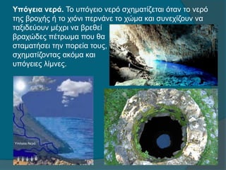 Υπόγεια νερά. Το υπόγειο νερό σχηματίζεται όταν το νερό
της βροχής ή το χιόνι περνάνε το χώμα και συνεχίζουν να
ταξιδεύουν μέχρι να βρεθεί
βραχώδες πέτρωμα που θα
σταματήσει την πορεία τους,
σχηματίζοντας ακόμα και
υπόγειες λίμνες.
 