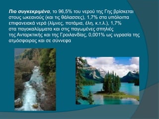 Πιο συγκεκριμένα, το 96,5% του νερού της Γης βρίσκεται
στους ωκεανούς (και τις θάλασσες), 1,7% στα υπόλοιπα
επιφανειακά νερά (λίμνες, ποτάμια, έλη, κ.τ.λ.), 1,7%
στα παγοκαλύμματα και στις παγωμένες σπηλιές
της Ανταρκτικής και της Γροιλανδίας, 0,001% ως υγρασία της
ατμόσφαιρας και σε σύννεφα
 