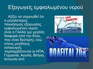Εξαγωγείς εμφιαλωμένου νερού
Αξίζει να σημειωθεί ότι
ο μεγαλύτερος
παγκόσμιος εξαγωγέας
εμφιαλωμένου νερού
είναι η Γαλλία (με μεγάλη
διαφορά από την Κίνα,
που είναι δεύτερη), ενώ
στους μεγάλους
εισαγωγείς
περιλαμβάνονται οι ΗΠΑ,
Γερμανία, Αγγλία, Βέλγιο,
Ιαπωνία κλπ.
 