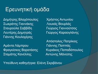 Ερευνητική ομάδα
Δημήτρης Βλαχόπουλος Χρήστος Αντωνίου
Σωκράτης Γιαννάκης Λουκάς Βουρλάς
Σταυρούλα Σαββίδη Γιώργος Γιαννούτσος
Λευτέρης Δημητράς Γιώργος Καραογλάνης
Γιάννης Κουλοχέρης
Απόστολος Πατρίκιος
Αμάντα Λάμπρου Γιάννης Παππάς
Φραγκίσκος Βαρατάσης Κυριάκος Παπαδόπουλος
Σταμάτης Κανέλλης Αντώνης Μάνεσης
Υπεύθυνη καθηγήτρια: Ελένη Σκριβάνου
 