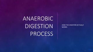 HOW THE DIGESTOR ACTUALLY
WORKS
ANAEROBIC
DIGESTION
PROCESS
 