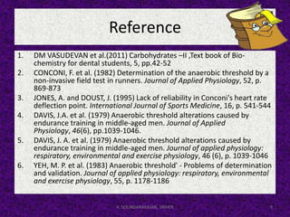 Reference
1. DM VASUDEVAN et al.(2011) Carbohydrates –II ,Text book of Bio-
chemistry for dental students, 5, pp.42-52
2. CONCONI, F. et al. (1982) Determination of the anaerobic threshold by a
non-invasive field test in runners. Journal of Applied Physiology, 52, p.
869-873
3. JONES, A. and DOUST, J. (1995) Lack of reliability in Conconi's heart rate
deflection point. International Journal of Sports Medicine, 16, p. 541-544
4. DAVIS, J.A. et al. (1979) Anaerobic threshold alterations caused by
endurance training in middle-aged men. Journal of Applied
Physiology, 46(6), pp.1039-1046.
5. DAVIS, J. A. et al. (1979) Anaerobic threshold alterations caused by
endurance training in middle-aged men. Journal of applied physiology:
respiratory, environmental and exercise physiology, 46 (6), p. 1039-1046
6. YEH, M. P. et al. (1983) Anaerobic threshold' - Problems of determination
and validation. Journal of applied physiology: respiratory, environmental
and exercise physiology, 55, p. 1178-1186
9K. SOUNDARARAJAN, SRIHER
 