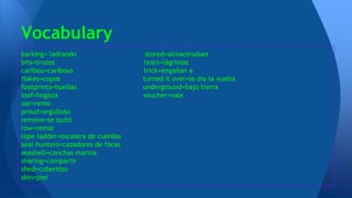 barking= ladrando stored=almacenaban
bits=trozos tears=lágrimas
caribou=caribous trick=engañan a
flakes=copos turned it over=le dio la vuelta
footprints=huellas underground=bajo tierra
loaf=hogaza voucher=vale
oar=remo
proud=orgulloso
remove=se quitó
row=remar
rope ladder=escalera de cuerdas
seal-hunters=cazadores de focas
seashell=conchas marina
sharing=compartir
shed=cobertizo
skin=piel
Vocabulary
 