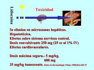 Toxicidad
Se elimina en microsomas hepáticos.Se elimina en microsomas hepáticos.
Hepatotóxica.Hepatotóxica.
Efectos sobre sistema nervioso central.Efectos sobre sistema nervioso central.
Dosis convulsivante 250 mg (25 cc al 1% IV)Dosis convulsivante 250 mg (25 cc al 1% IV)
Efectos cardiovasculares.Efectos cardiovasculares.
Dosis máxima segura.- 5 mg/kg.Dosis máxima segura.- 5 mg/kg.
600 mg600 mg
35 mg/kg tumescente.35 mg/kg tumescente. Klein JA.Dermatologic Clinics 1990;8(3):425-37Klein JA.Dermatologic Clinics 1990;8(3):425-37
Lidocaína
Y
 