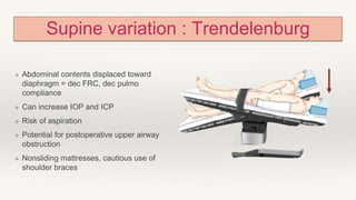 Supine variation : Trendelenburg
❖ Abdominal contents displaced toward
diaphragm = dec FRC, dec pulmo
compliance
❖ Can increase IOP and ICP
❖ Risk of aspiration
❖ Potential for postoperative upper airway
obstruction
❖ Nonsliding mattresses, cautious use of
shoulder braces
 