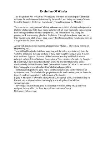 Evolution Of Whales
This assignment will look at the fossil record of whales as an example of empirical
evidence for evolution and is inspired by the article Land living ancestors of whales
from the Berkeley: History of Evolutionary Thought resource for Module 1.
There are two extant groups of whales; odontocetes (toothed whales) and mysticetes
(baleen whales) and both share many features with all other mammals: they generate
heat and regulate their internal temperature. The females bear live young and
produce milk in mammary glands to feed them. Although they do not have hair on
their bodies some adult whales have sensory bristles around their mouths and there is
a stage when the foetus has hair.
Along with these general mammal characteristics whales ... Show more content on
Helpwriting.net ...
They still had hindlimbs but these were tiny and the pelvis was detached from the
vertebral column so they are unlikely to have been weight bearing. Figure 4 shows
their skeleton. Figure 4. Skeleton of Basilosaurus; the tiny hind limb is shown
enlarged. Adapted from National Geographic s The evolution of whales by Douglas
H. Chadwick, Shawn Gould and Robert Clark Re illustrated for public access
distribution by Sharon Mooney 2006. Open source licence CC ASA 2.5 as viewed at
http://palaeo.gly.bris.ac.uk/palaeofiles/whales/archaeoceti.htm
The Dorudontids probably gave rise to the Basilosaurids and the two families of
extant cetaceans. They had similar proportions to the modern cetaceans, as shown in
figure 5, and were completely independent of freshwater.
Figure 5. Skeleton of Dorudon atrox; Philip D. Gingerich 1996, available online on
his web site as viewed at http://palaeo.gly.bris.ac.uk/palaeofiles/whales
/archaeoceti.htm
The vestigial hindlimbs are good evidence for evolution. If the whale had been
designed they wouldn t be there. (sorry I have run out of time).
References (all accessed
 