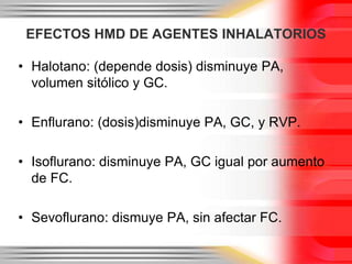 EFECTOS HMD DE AGENTES INHALATORIOS

• Halotano: (depende dosis) disminuye PA,
  volumen sitólico y GC.

• Enflurano: (dosis)disminuye PA, GC, y RVP.

• Isoflurano: disminuye PA, GC igual por aumento
  de FC.

• Sevoflurano: dismuye PA, sin afectar FC.
 