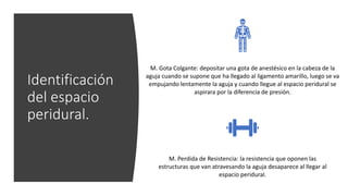 Identificación
del espacio
peridural.
M. Gota Colgante: depositar una gota de anestésico en la cabeza de la
aguja cuando se supone que ha llegado al ligamento amarillo, luego se va
empujando lentamente la aguja y cuando llegue al espacio peridural se
aspirara por la diferencia de presión.
M. Perdida de Resistencia: la resistencia que oponen las
estructuras que van atravesando la aguja desaparece al llegar al
espacio peridural.
 