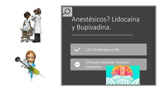 Anestésicos? Lidocaína
y Bupivadina.
1.5-2.0 lidocaína al 2%
0.5% para bloquear impulsos
simpáticos.
 
