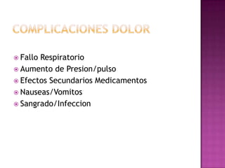  FalloRespiratorio
 Aumento de Presion/pulso
 Efectos Secundarios Medicamentos
 Nauseas/Vomitos
 Sangrado/Infeccion
 