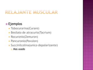  Ejemplos
    Tubocurarina(Curare)
    Besilato de atracurio(Tacrium)
    Rocuronio(Zemuron)
    Pancuronio(Pavulon)
    Succinilcolina(unico depolarizante)
        Mas usado
 