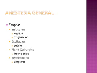  Etapas:
    Induccion
        Audicion
        oxigenacion
    Excitacion
        delirio
    Plano Quirurgico
        inconciencia
    Reanimacion
        Despierto
 