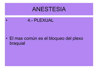 ANESTESIA 4.- PLEXUAL El mas común es el bloqueo del plexo braquial 