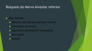 Bloqueio do Nervo Alveolar Inferior


Alternativas:
 Bloqueio

dos nervos mentual/incisivo

 Infiltração

(anterior)

 Ligamento

periodontal/intraseptal

 Gow-gates
 Akinosi

 