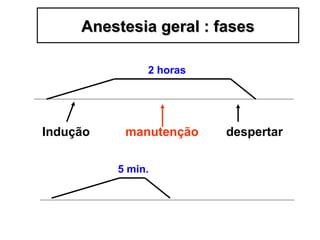 Indução manutenção despertar
2 horas
5 min.
Anestesia geral : fasesAnestesia geral : fases
 