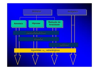 Sedação                        Analgesia




                              Redução da
Amnésia        Hipnose
                              Ansiedade


          Benzodiazepínicos

                Propofol

                                       Opióides

              Agonistas α 2 adrenérgicos
 