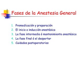 Fases de la Anestesia General

1. Premedicación y preparación
2. El inicio o inducción anestésica
3. La fase intermedia ó mantenimiento anestésico
4. La fase final ó el despertar
5. Cuidados postoperatorios
 