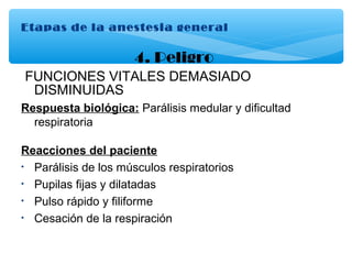 Etapas de la anestesia general
4. Peligro
FUNCIONES VITALES DEMASIADO
DISMINUIDAS
Respuesta biológica: Parálisis medular y dificultad
respiratoria
Reacciones del paciente
• Parálisis de los músculos respiratorios
• Pupilas fijas y dilatadas
• Pulso rápido y filiforme
• Cesación de la respiración
 