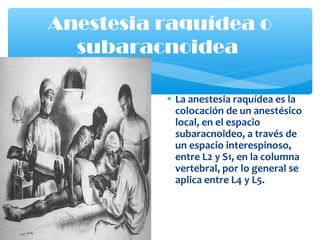 • La anestesia raquídea es la
colocación de un anestésico
local, en el espacio
subaracnoideo, a través de
un espacio interespinoso,
entre L2 y S1, en la columna
vertebral, por lo general se
aplica entre L4 y L5.
Anestesia raquídea o
subaracnoidea
 