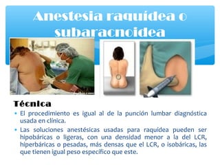 Técnica
• El procedimiento es igual al de la punción lumbar diagnóstica
usada en clínica.
• Las soluciones anestésicas usadas para raquídea pueden ser
hipobáricas o ligeras, con una densidad menor a la del LCR,
hiperbáricas o pesadas, más densas que el LCR, o isobáricas, las
que tienen igual peso específico que este.
Anestesia raquídea o
subaracnoidea
 