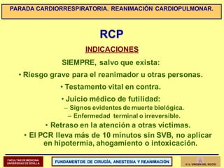 RCP
INDICACIONES
SIEMPRE, salvo que exista:
• Riesgo grave para el reanimador u otras personas.
• Testamento vital en cont...