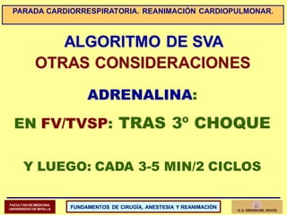 ALGORITMO DE SVA
OTRAS CONSIDERACIONES
ADRENALINA:
EN FV/TVSP: TRAS 3º CHOQUE
Y LUEGO: CADA 3-5 MIN/2 CICLOS
FACULTAD DEME...