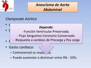 Aneurisma de Aorta
                       Abdominal

Clampeado Aórtico
• Aumento de la Impedancia = 50%.
                    Depende:
• HTA secundaria (Ventricularsi Infra- renal):
          -Función 7 – 10% Preservada.
   – Puede serSanguíneo Coronario Conservado.
       - Flujo mayor si flujo visceral comprometido.
• FC-Normal o levemente disminuida. carga
      Respuesta a cambios de Precarga y Pos

• Gasto cardiaca:
   – Controversial su respuesta.
   – Puede aumentar o disminuir entre 9% - 33%.
 