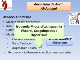 Aneurisma de Aorta
                         Abdominal

Manejo Anestésico
• Manejo guiado por Metas:
- Adecuada valoración Pre Anestésico: Riesgos y
         Isquemia Miocardica, Isquemia
  Optimización manejo medico.
             Visceral, Coagulopatias e
- Mantener adecuado Hipotermia
   • Vlm Intra vascular.         Función Vascular y
   • Gasto Cardiaco.                 Miocardica
   • Oxigenación Tisular.
 - Reconocer rápidamente complicaciones asociadas.
 