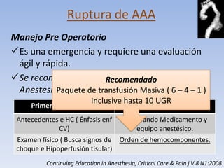 Ruptura de AAA
Manejo Pre Operatorio
Es una emergencia y requiere una evaluación
 ágil y rápida.
Se recomienda manejo anestésico por 2
                      Recomendado
 Anestesiólogos. de transfusión Masiva ( 6 – 4 – 1 )
           Paquete
                           Inclusive hasta 10 UGR
     Primer Anestesiólogo                 Segundo Anestesiólogo
 Antecedentes e HC ( Énfasis enf        Preparando Medicamento y
             CV)                            equipo anestésico.
 Examen físico ( Busca signos de Orden de hemocomponentes.
 choque e Hipoperfusión tisular)
          Continuing Education in Anesthesia, Critical Care & Pain j V 8 N1:2008
 