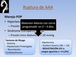 Ruptura de AAA
Manejo POP
• Hipertensión Intra – Abdominal
            Abdomen Abierto con cierre
  – Presión > programado en 2 – 3 días.
              12 mmHg.
• Síndrome Compartimental.
  – Presión Intra Abdominal > 20 mmHg
Factores de Riesgo
- Anemia.                   -Hipotermia.
- Hipotensión Prolongada.   - Acidosis Severa ( BE > -14)
- Resucitación              - RESUCITACIÓN LEV o
Cardiopulmonar              sangre agresiva ( > 4 L/Hr)
 