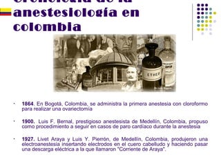 Cronología de la
anestesiología en
colombia




•   1864. En Bogotá, Colombia, se administra la primera anestesia con cloroformo
    para realizar una ovariectomía

•   1900. Luis F. Bernal, prestigioso anestesista de Medellín, Colombia, propuso
    como procedimiento a seguir en casos de paro cardíaco durante la anestesia

•   1927. Livet Araya y Luis Y. Pierrón, de Medellín, Colombia, produjeron una
    electroanestesia insertando electrodos en el cuero cabelludo y haciendo pasar
    una descarga eléctrica a la que llamaron "Corriente de Araya".
 