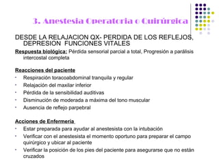 3. Anestesia Operatoria o Quirúrgica
DESDE LA RELAJACION QX- PERDIDA DE LOS REFLEJOS,
  DEPRESION FUNCIONES VITALES
Respuesta biológica: Pérdida sensorial parcial a total, Progresión a parálisis
   intercostal completa

Reacciones del paciente
•  Respiración toracoabdominal tranquila y regular
•  Relajación del maxilar inferior
•  Pérdida de la sensibilidad auditivas
•  Disminución de moderada a máxima del tono muscular
•  Ausencia de reflejo parpebral

Acciones de Enfermería
•  Estar preparada para ayudar al anestesista con la intubación
•  Verificar con el anestesista el momento oportuno para preparar el campo
   quirúrgico y ubicar al paciente
•  Verificar la posición de los pies del paciente para asegurarse que no están
   cruzados
 