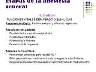 Etapas de la anestesia
general
                             4. Peligro
FUNCIONES VITALES DEMASIADO DISMINUIDAS
Respuesta biológica: Parálisis medular y dificultad respiratoria

Reacciones del paciente
• Parálisis de los músculos respiratorios
• Pupilas fijas y dilatadas
• Pulso rápido y filiforme
• Cesación de la respiración

Acciones de Enfermería
• Permanecer preparada para realizar RCP
• Estar preparada con medicamentos de emergencia y desfibrilador
• Registrar procedimientos realizados y administración de medicamentos
 