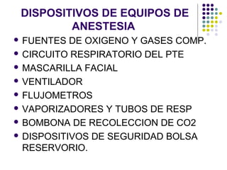 DISPOSITIVOS DE EQUIPOS DE
         ANESTESIA
 FUENTES  DE OXIGENO Y GASES COMP.
 CIRCUITO RESPIRATORIO DEL PTE

 MASCARILLA FACIAL

 VENTILADOR

 FLUJOMETROS

 VAPORIZADORES Y TUBOS DE RESP

 BOMBONA DE RECOLECCION DE CO2

 DISPOSITIVOS DE SEGURIDAD BOLSA
  RESERVORIO.
 