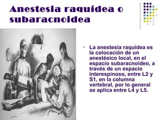 Anestesia raquídea o
subaracnoidea


             •   La anestesia raquídea es
                 la colocación de un
                 anestésico local, en el
                 espacio subaracnoideo, a
                 través de un espacio
                 interespinoso, entre L2 y
                 S1, en la columna
                 vertebral, por lo general
                 se aplica entre L4 y L5.
 