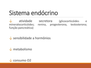 Sistema endócrino
↓ atividade secretora (glicocorticóides e
mineralocorticóides; renina, progesterona, testosterona;
função pancreática)
↓ sensibilidade a hormônios
↓ metabolismo
↓ consumo O2
 