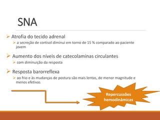 SNA
 Atrofia do tecido adrenal
 a secreção de cortisol diminui em torno de 15 % comparado ao paciente
jovem
 Aumento dos níveis de catecolaminas circulantes
 com diminuição da resposta
 Resposta barorreflexa
 ao frio e às mudanças de postura são mais lentas, de menor magnitude e
menos efetivas
Repercussões
hemodinâmicas
 