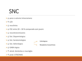 SNC
↓ peso e volume intracraniano
↑ LCR
↓ neurônios
↓ FSC entre 20 – 30 % comparado com jovem
↓ neurotransmissores
↓ Sist. Dopaminérgico
↓ Sist. Serotoninérgico
↓ Sist. Adrenérgico
↓ GABA érgico
↑ ativid. Astrócitos e macróglia
↑ prod. CITOCINAS
Colinérgicos
Receptores muscarínicos
 