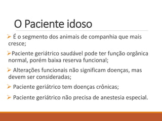 O Paciente idoso
 É o segmento dos animais de companhia que mais
cresce;
Paciente geriátrico saudável pode ter função orgânica
normal, porém baixa reserva funcional;
 Alterações funcionais não significam doenças, mas
devem ser consideradas;
 Paciente geriátrico tem doenças crônicas;
 Paciente geriátrico não precisa de anestesia especial.
 