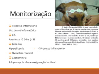 Monitorização
 Processo inflamatório
Uso de antiinflamatórios
 BIS
Anestesia ↑ 50 e ↓ 38
 Glicemia
Hiperglicemia ↑Processo inflamatório
 Oximetria cerebral
 Capnometria
A hipercapnia eleva a oxigenação tecidual
 