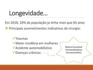 Longevidade…
Em 2010; 10% da população ja tinha mais que 65 anos
 Principais acometimentos indicativos de cirurgia:
Traumas
Maior incidêcia em mulheres
Acidente automobilístico
Doenças crônicas
Reserva funcional
Farmacodinâmica
Farmacocinética
 
