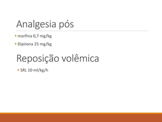 Analgesia pós
 morfina 0,7 mg/kg
 Dipirona 25 mg/kg
Reposição volêmica
 SRL 10 ml/kg/h
 
