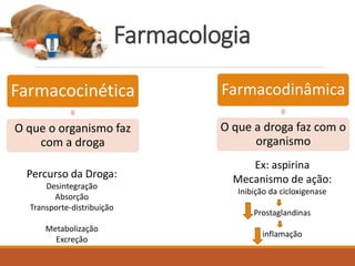 Farmacologia
Farmacocinética
O que o organismo faz
com a droga
Farmacodinâmica
O que a droga faz com o
organismo
Percurso da Droga:
Desintegração
Absorção
Transporte-distribuição
Metabolização
Excreção
Ex: aspirina
Mecanismo de ação:
Inibição da cicloxigenase
Prostaglandinas
inflamação
 