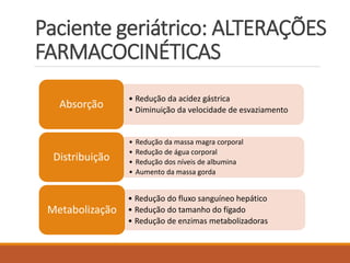 Paciente geriátrico: ALTERAÇÕES
FARMACOCINÉTICAS
• Redução da acidez gástrica
• Diminuição da velocidade de esvaziamento
Absorção
• Redução da massa magra corporal
• Redução de água corporal
• Redução dos níveis de albumina
• Aumento da massa gorda
Distribuição
• Redução do fluxo sanguíneo hepático
• Redução do tamanho do fígado
• Redução de enzimas metabolizadoras
Metabolização
 
