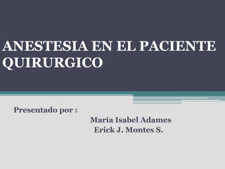ANESTESIA EN EL PACIENTE
QUIRURGICO
Presentado por :
María Isabel Adames
Erick J. Montes S.
 